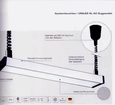 UNILED SL AC - Zugpendel, LANG Auszugslänge ~74–190cm, 5200K-5700K Lieferung ohne Anschlussleitung (Anschluss im Baldachin über Verbindungsklemme)